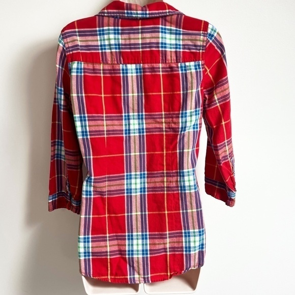 A&F women’s red plaid ruffle accent button down top medium - Picture 3 of 10